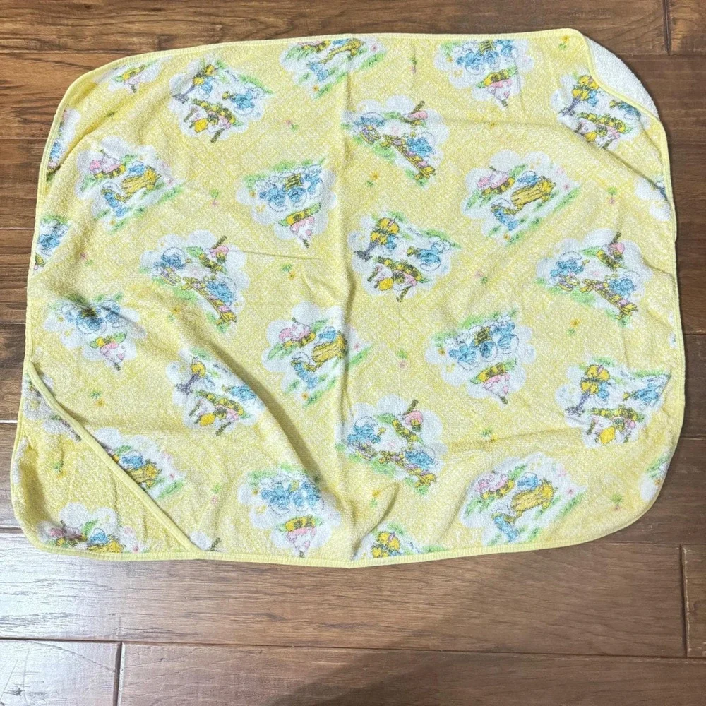 VTG 80s‎ Dundee Hooded Baby Towel Yellow Animal Cloud Print Cotton Terry Cloth